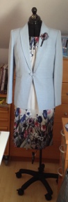 View 2 in tulip viscose with bought jacket and lily motif from fabric on lapel