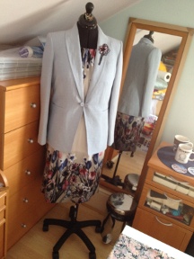 View 2 in tulip viscose with bought jacket and lily motif from fabric on lapel