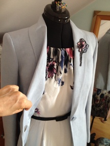 View 2 in tulip viscose with bought jacket and lily motif from fabric on lapel