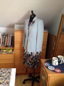 View 2 in tulip viscose with bought jacket and lily motif from fabric on lapel